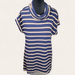 SOFT SURROUNDINGS | Casual Cowl Neck Navy and Tan Striped Top Shark Bite Hem | M